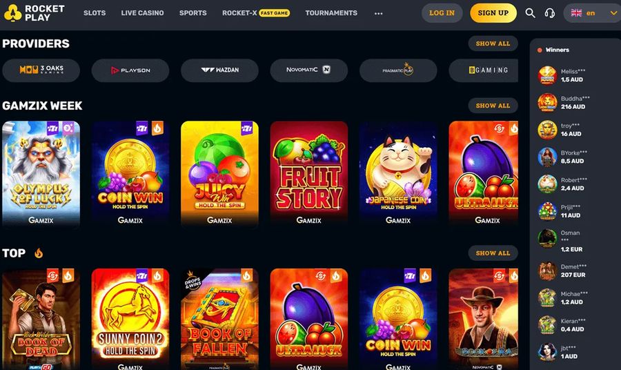 RocketPlay Casino Game Lobby - Slots and Pokies Selection